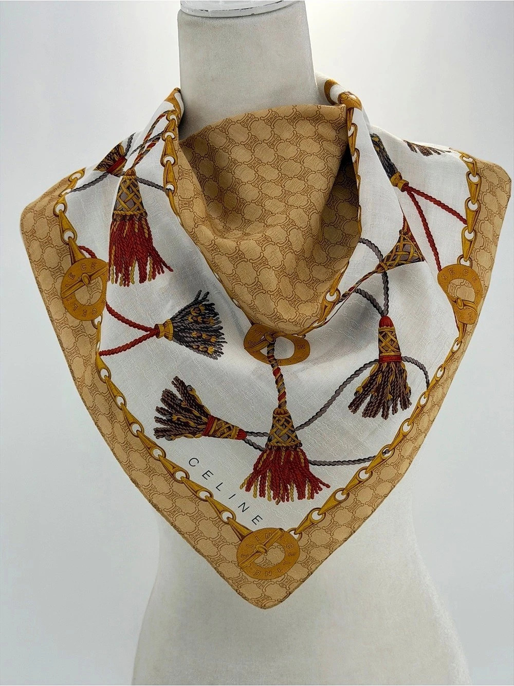 Celine Vintage Multicolor Tassel Chain Monogram Handkerchief Silk Scarf
